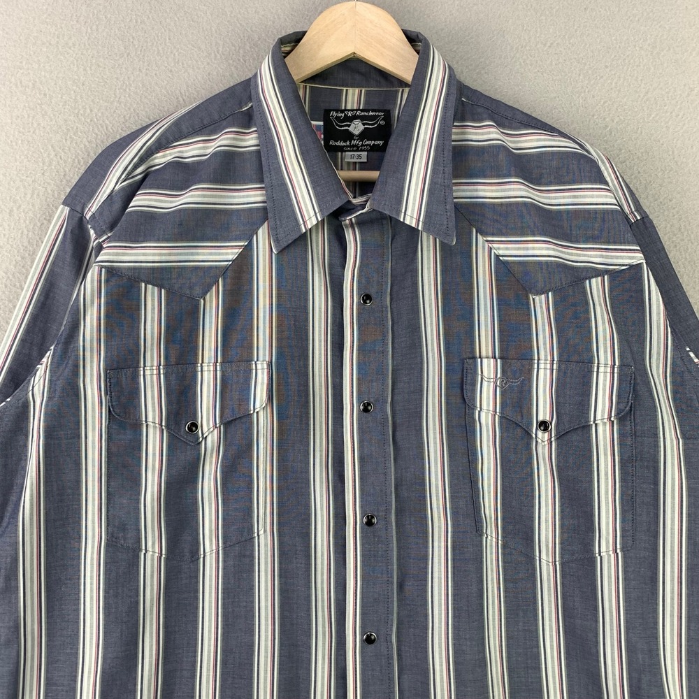 Flying R Ranchwear Western Shirt Mens 17-35 Blue Striped Pearl Snap Long Sleeve